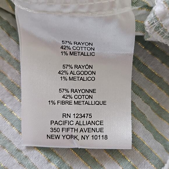 Jones New York Signature Top Green White Gold Metallic Striped Button Front S - Picture 12 of 12